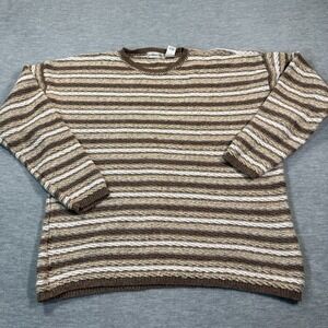 Claiborne Sweater Adult Medium Brown Beige Striped Crewneck Cotton Blend Knit